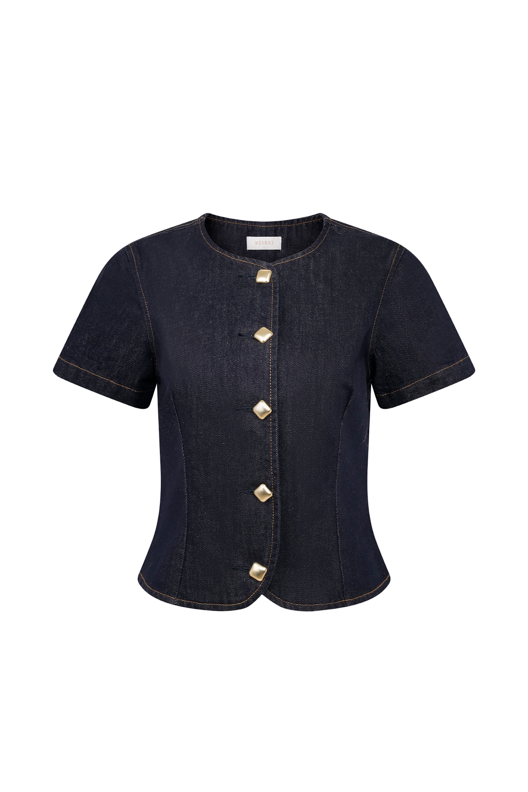 Bethany Kısa Kollu Düğmeli Denim Üst - Yıkanmış İndigo Mavi