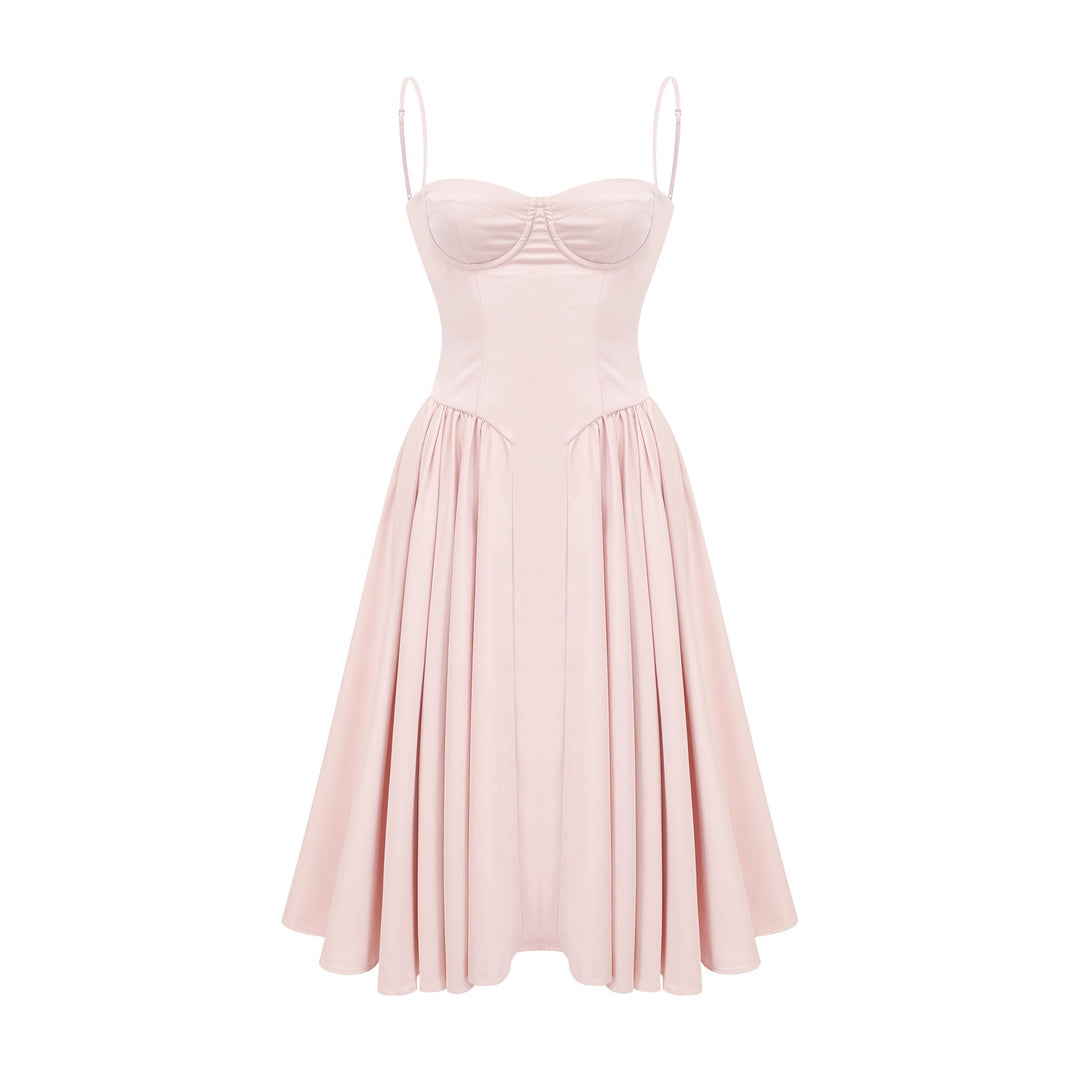 Soleil Pembe Pilili Korse Midi Elbise