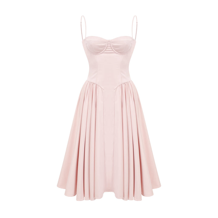 Soleil Pembe Pilili Korse Midi Elbise