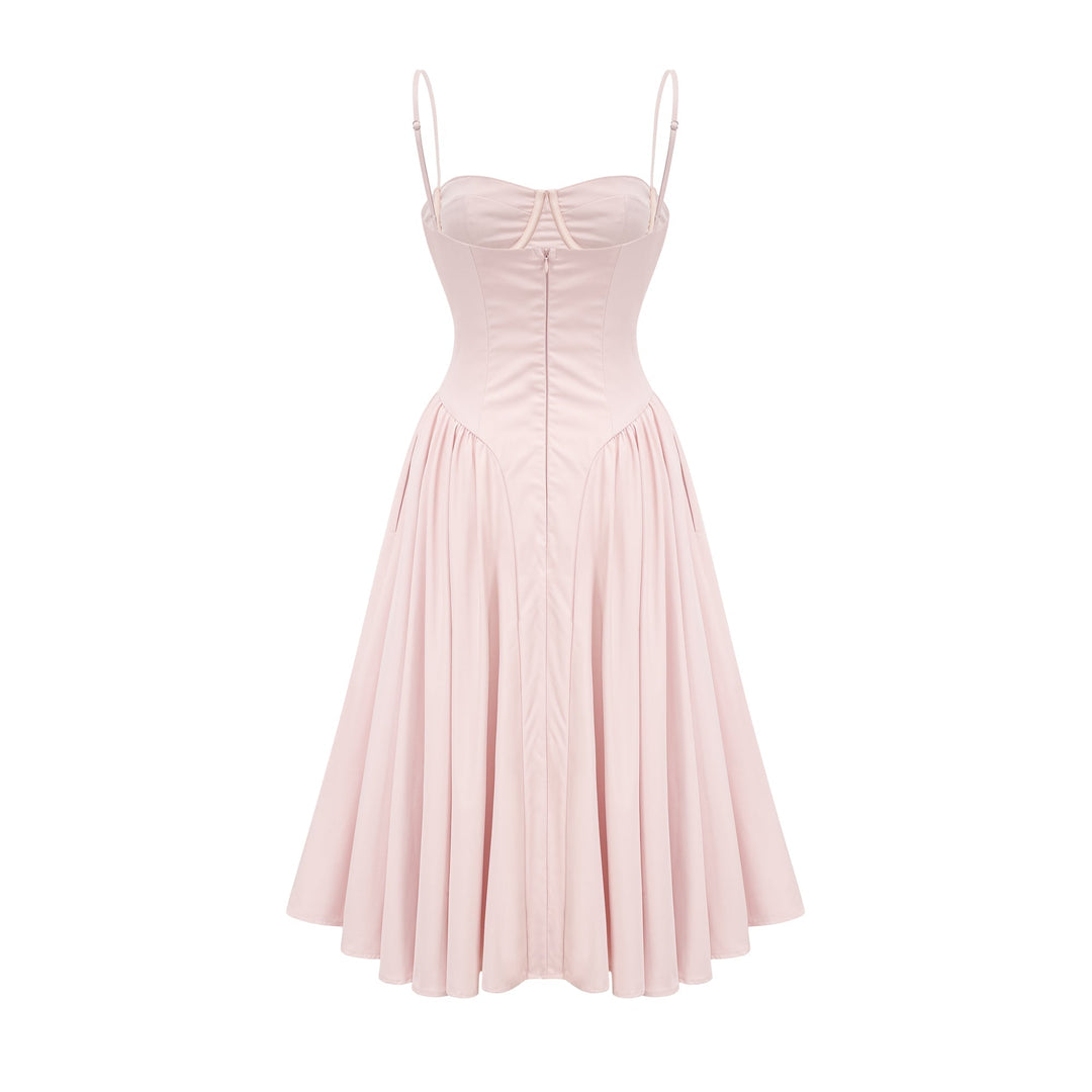 Soleil Pembe Pilili Korse Midi Elbise