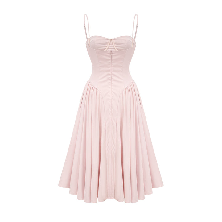 Soleil Pembe Pilili Korse Midi Elbise