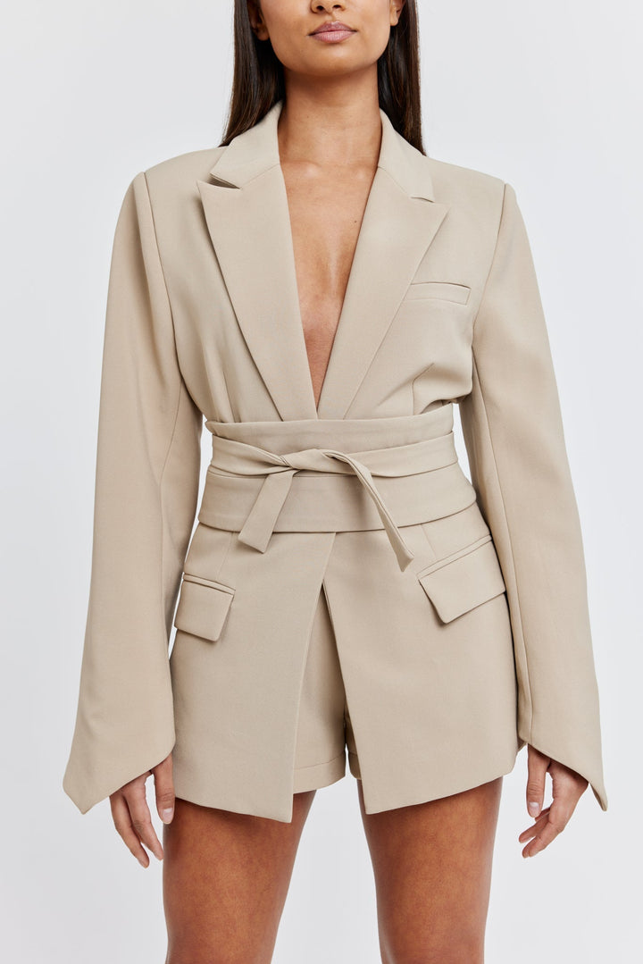 Taupe Kemerli Blazer Ceket