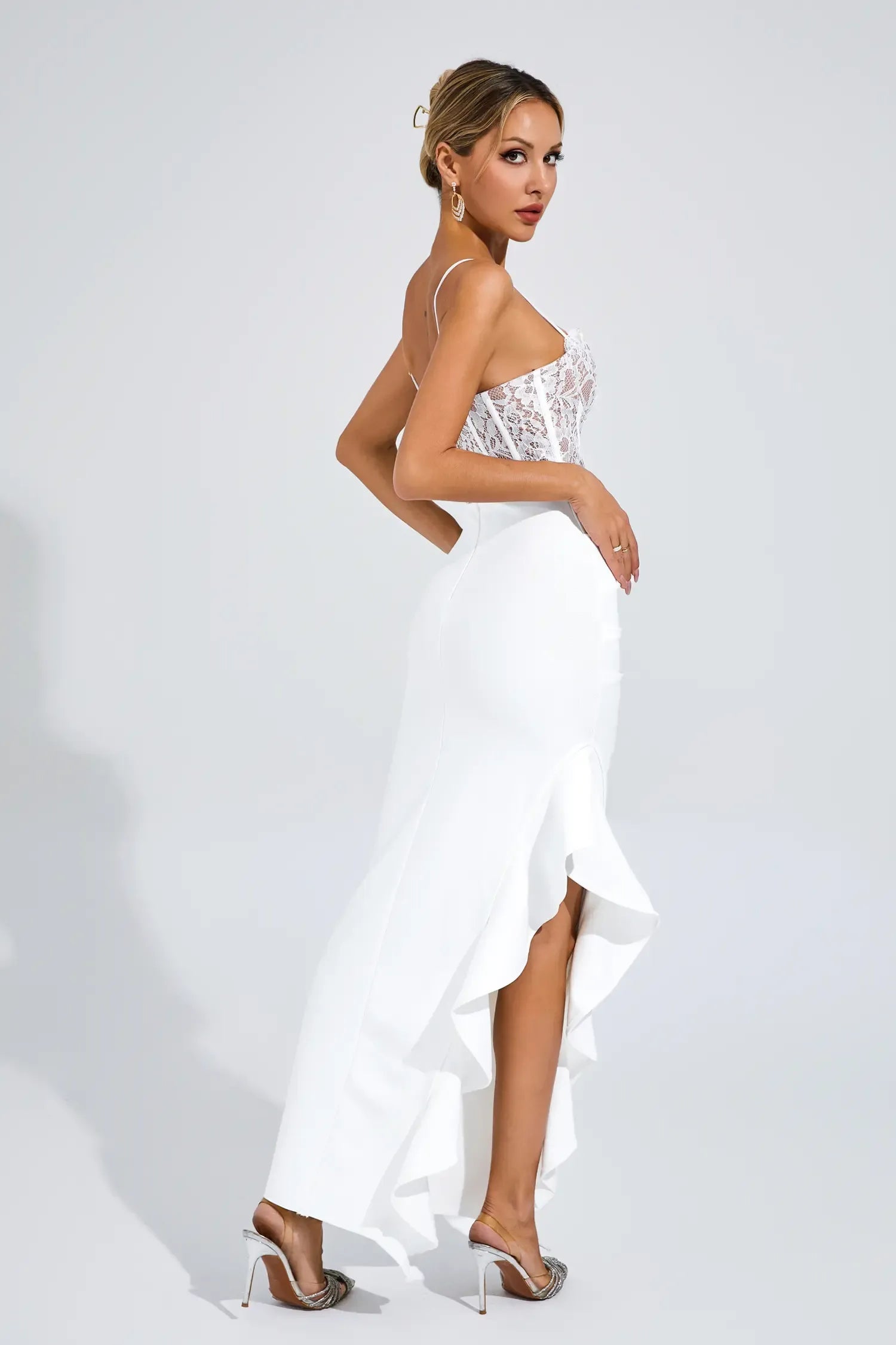 Swift Beyaz Yırtmaçlı Bandaj Slip Maxi Elbise