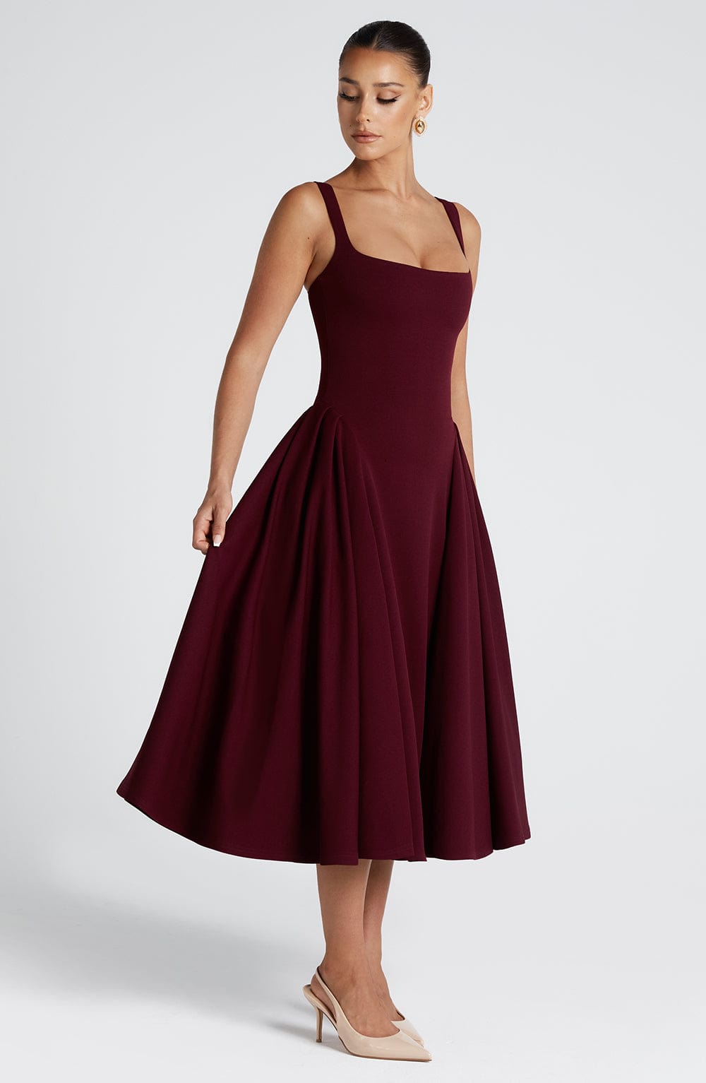 Cherry Kare Yaka & Korsajlı Bordo Midi Elbise