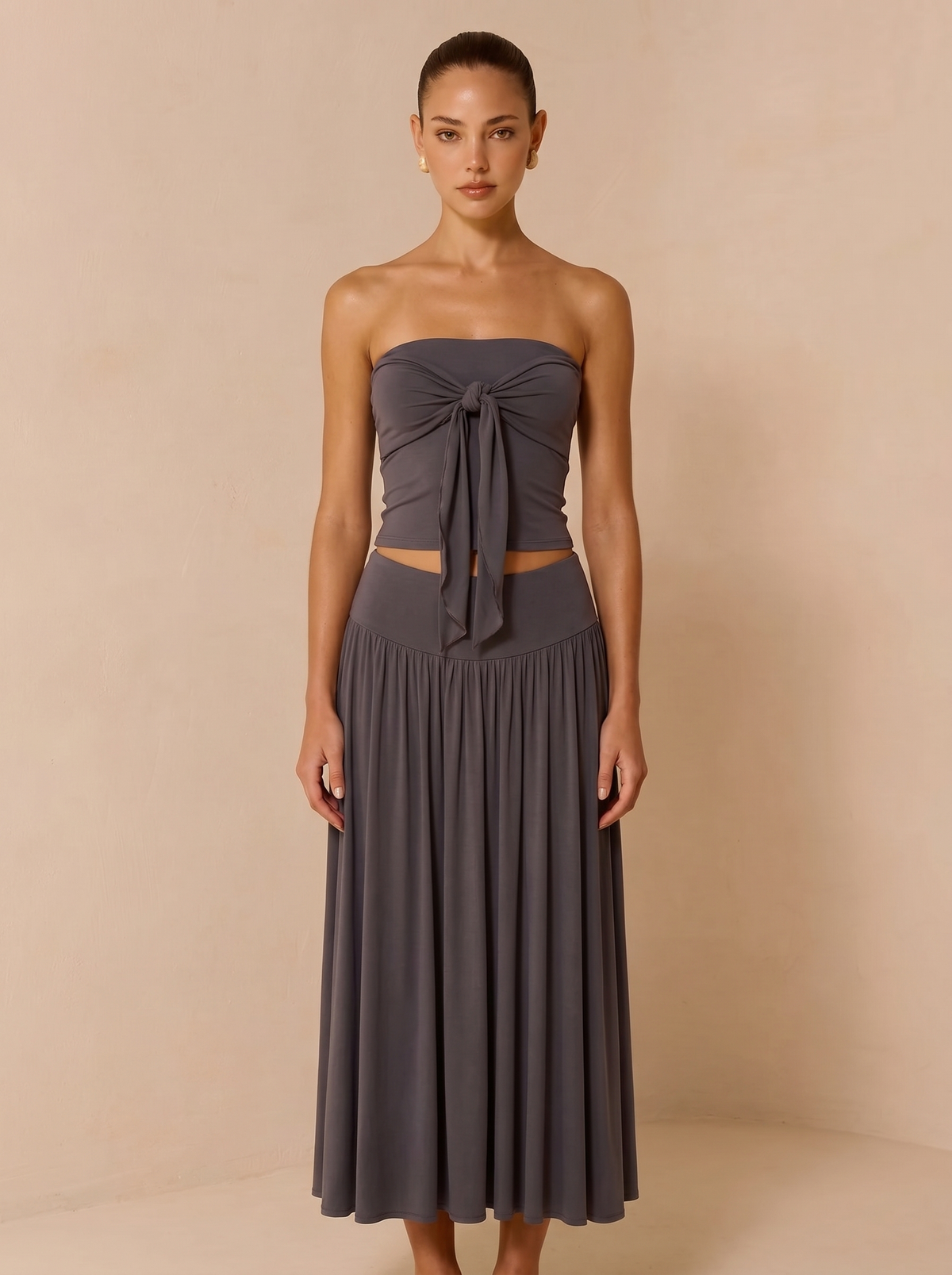 Strapless Knot Bağcıklı Tube Top + Yüksek Bel Curved Yoke Balletcore A-Line Midi Etek Set