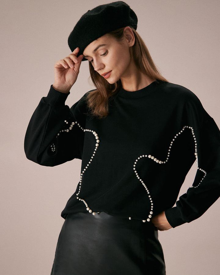 Siyah Bisiklet Yaka İnci Detaylı Sweatshirt