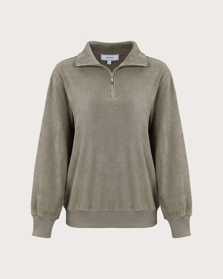 Yeşil Yarım Fermuarlı Düşük Omuzlu Sweatshirt