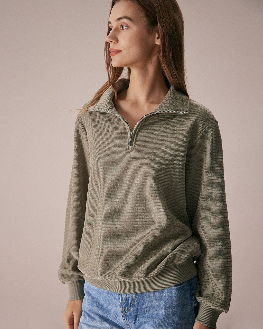 Yeşil Yarım Fermuarlı Düşük Omuzlu Sweatshirt