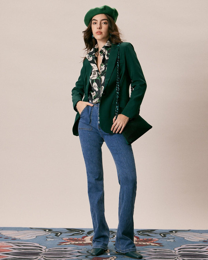 Yeşil Lapel Yaka Tek Düğmeli Blazer