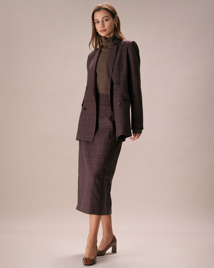 Kahverengi Lapel İki Düğmeli Kareli Blazer